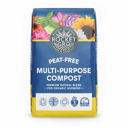 Multipurpose compost by rocket gro peat free 50l in a blue and yellow bag