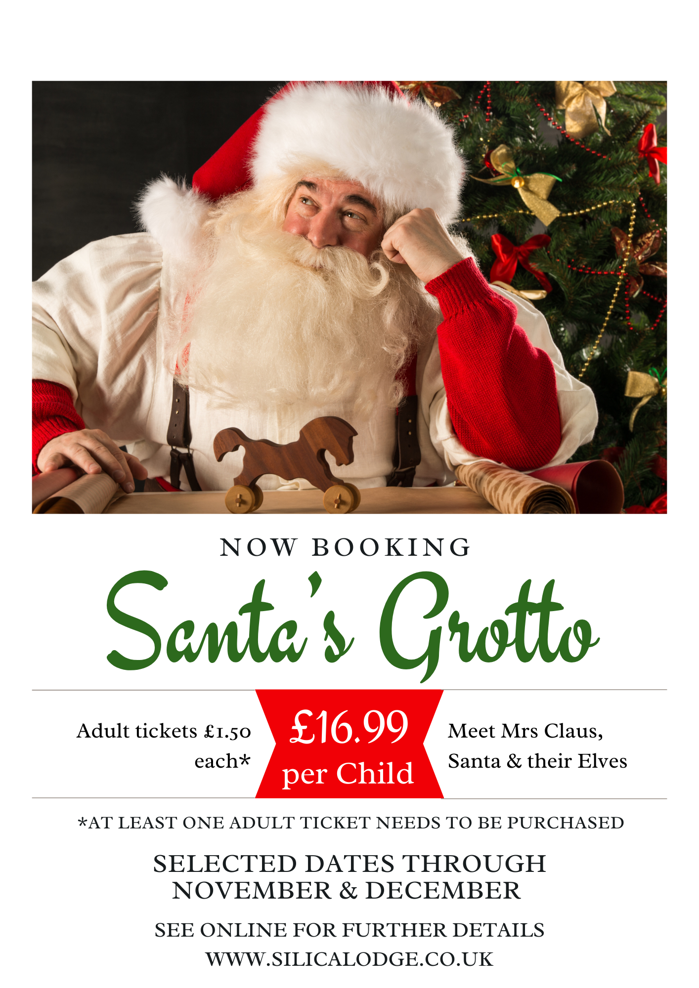 Santas Grotto poster with now booking text 