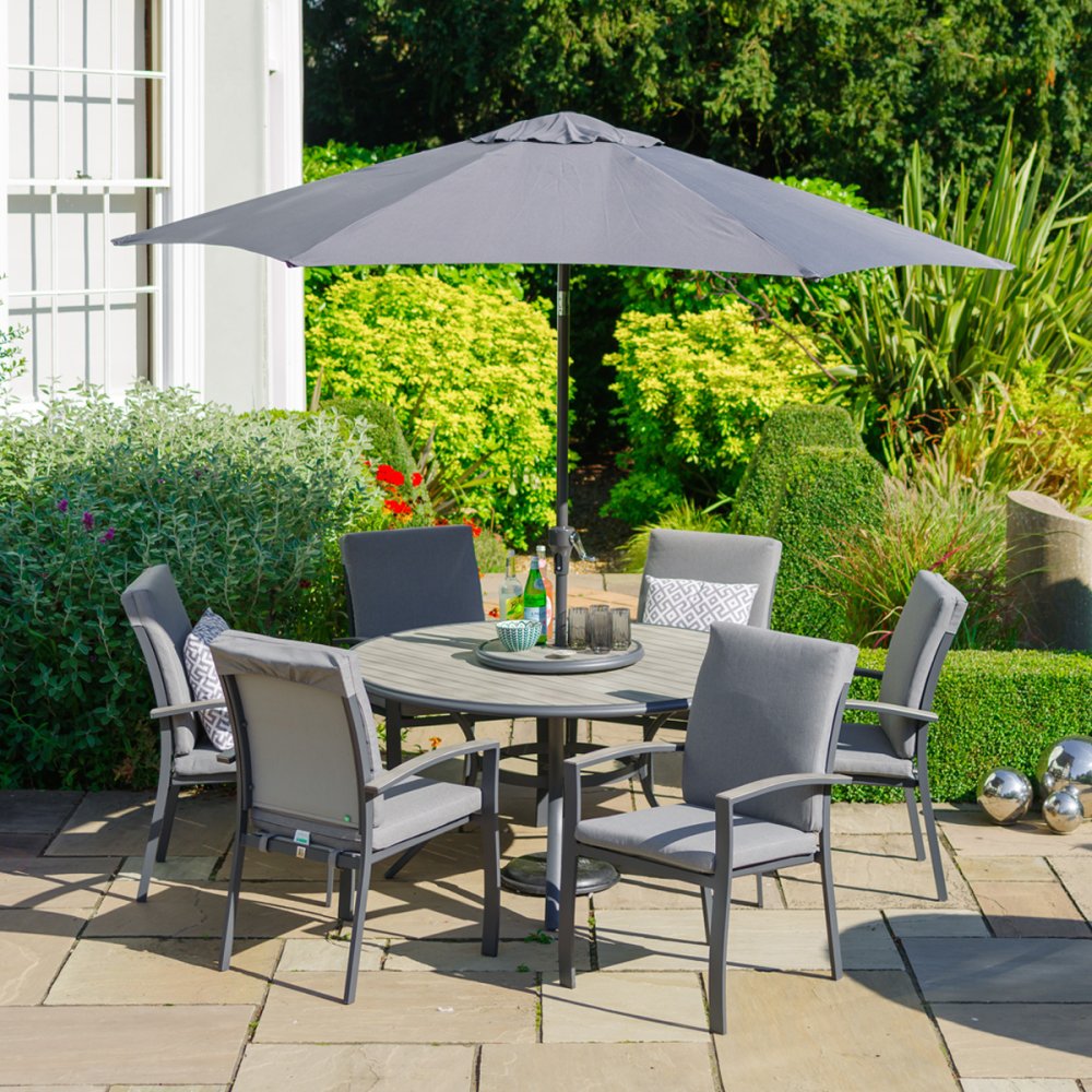 Turin 6 seater dining furniture set with cushions, lazy Susan and a parasol.
