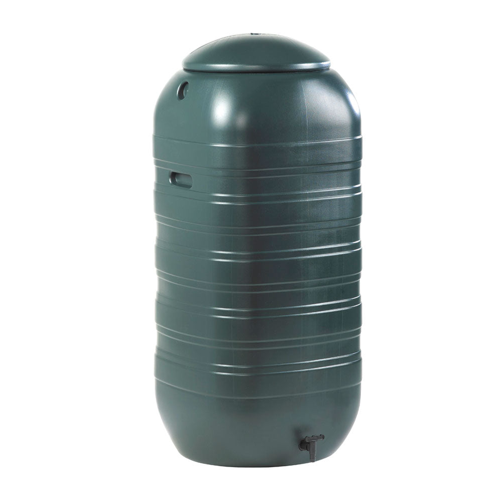 250 litre slim, space saving waterbutt complete with tap. In the colour green.